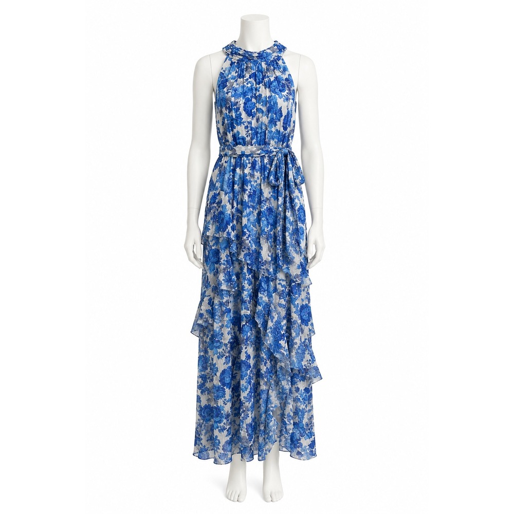Alex Marie Fiona Halter Ruffle Maxi Dress 10 Blue Floral Metallic Tiered Lined
